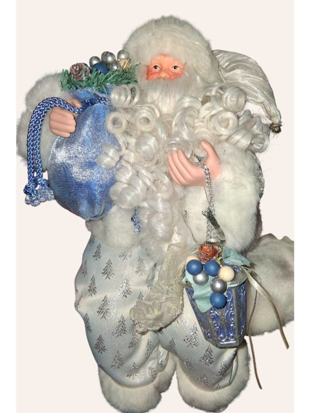 Large 14" Silver White Blue Santa Figurine Blue Bag & Glittery Tree Pattern Pant